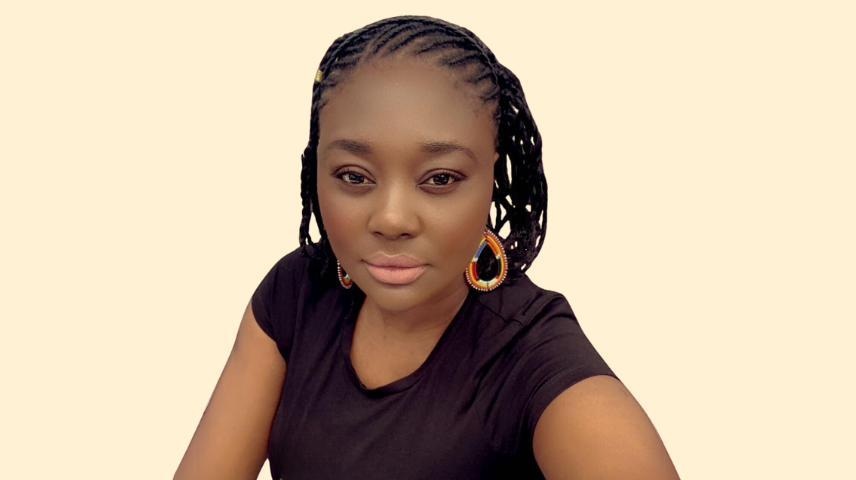 Rachel Njimnimbam spotlight photo. This headshot of Rachel with braided hair, black shirt, and colorful earrings, with a yellow background.