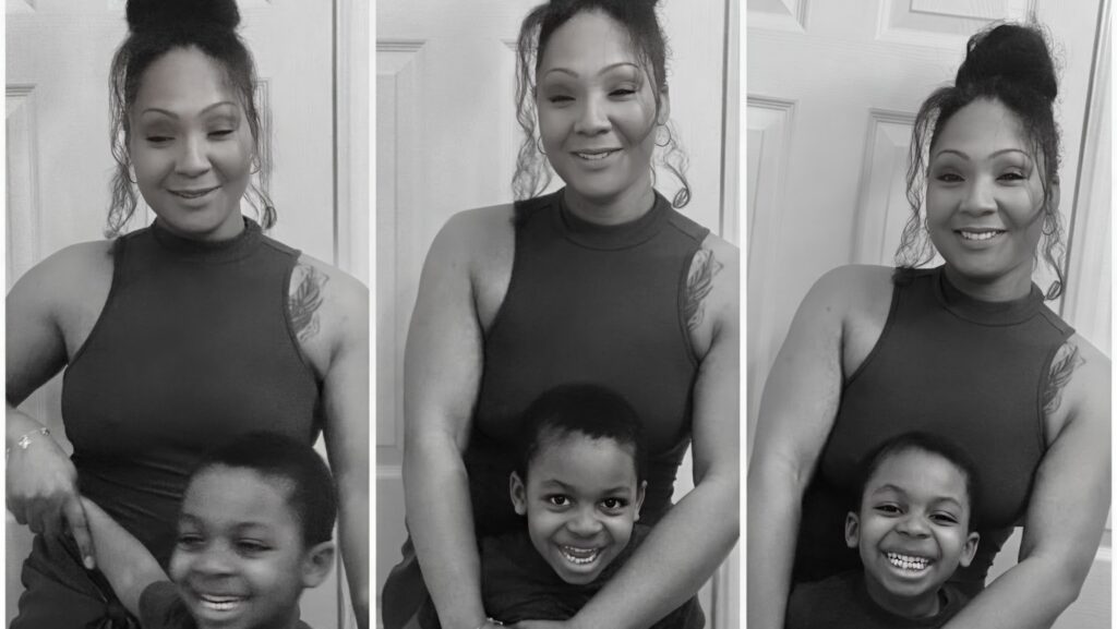 three-fold image of mom with young son hugging and smiling