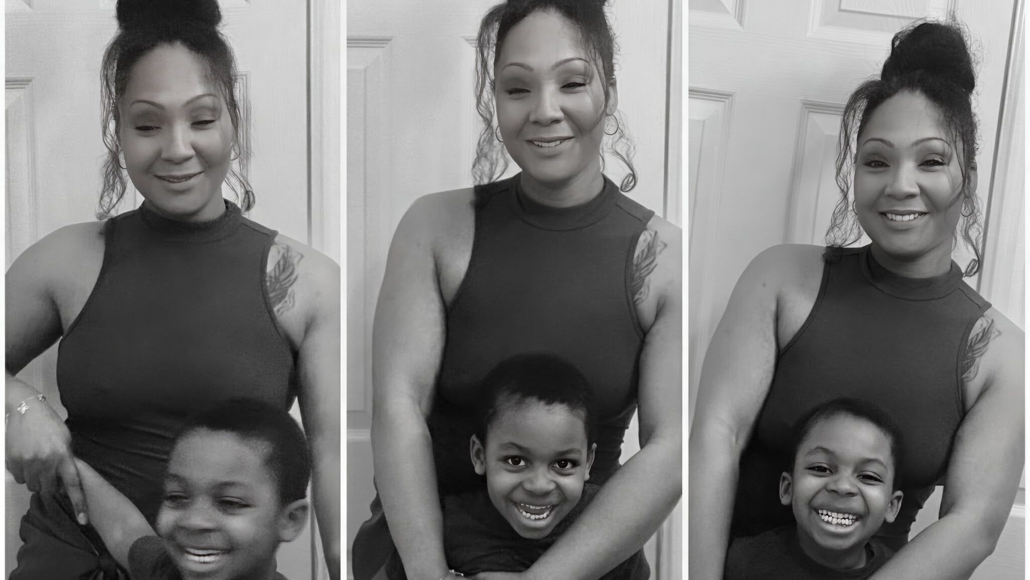 three-fold image of mom with young son hugging and smiling