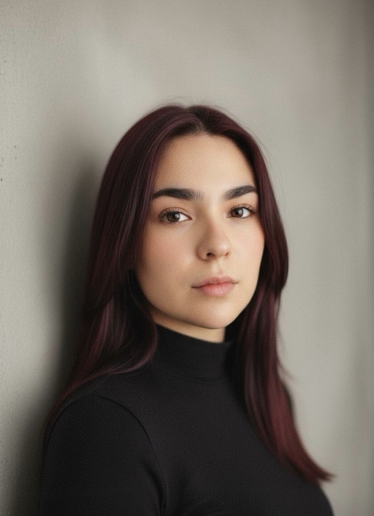 female PPL employee with dark red hair, leaning against gray wall, smiling in a black turtleneck