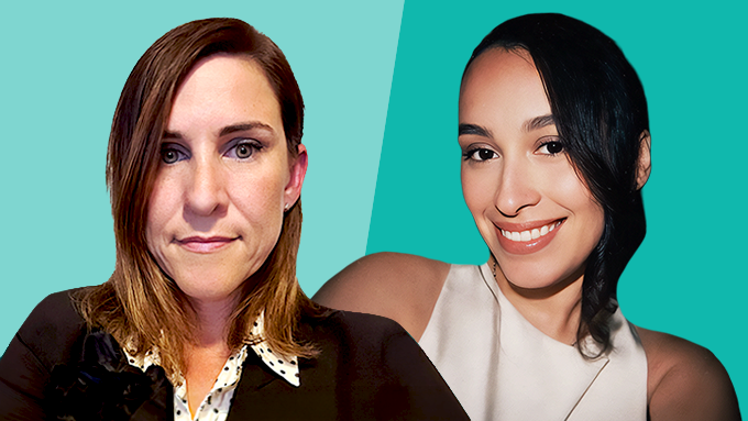 two separate selfies of female PPL employees, pasted on teal backgrounds, both with dark hair and smiling